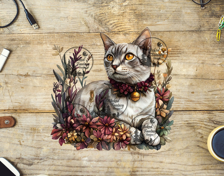 UVDTF Grey Tabby Cat in Flowers
