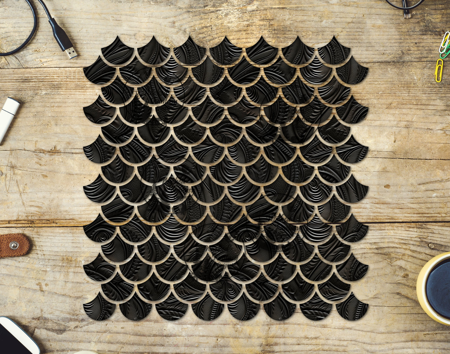 UVDTF Faux Black Leather Mermaid Scales 10"x10" Element