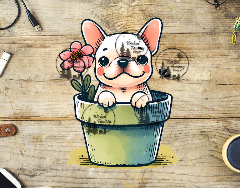 UVDTF Frenchie Puppy in Flower Pot