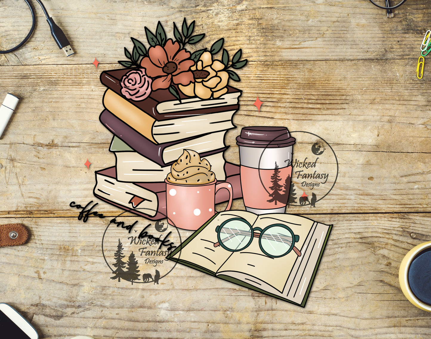 UVDTF Decal Coffee and Books with Flowers 1pc