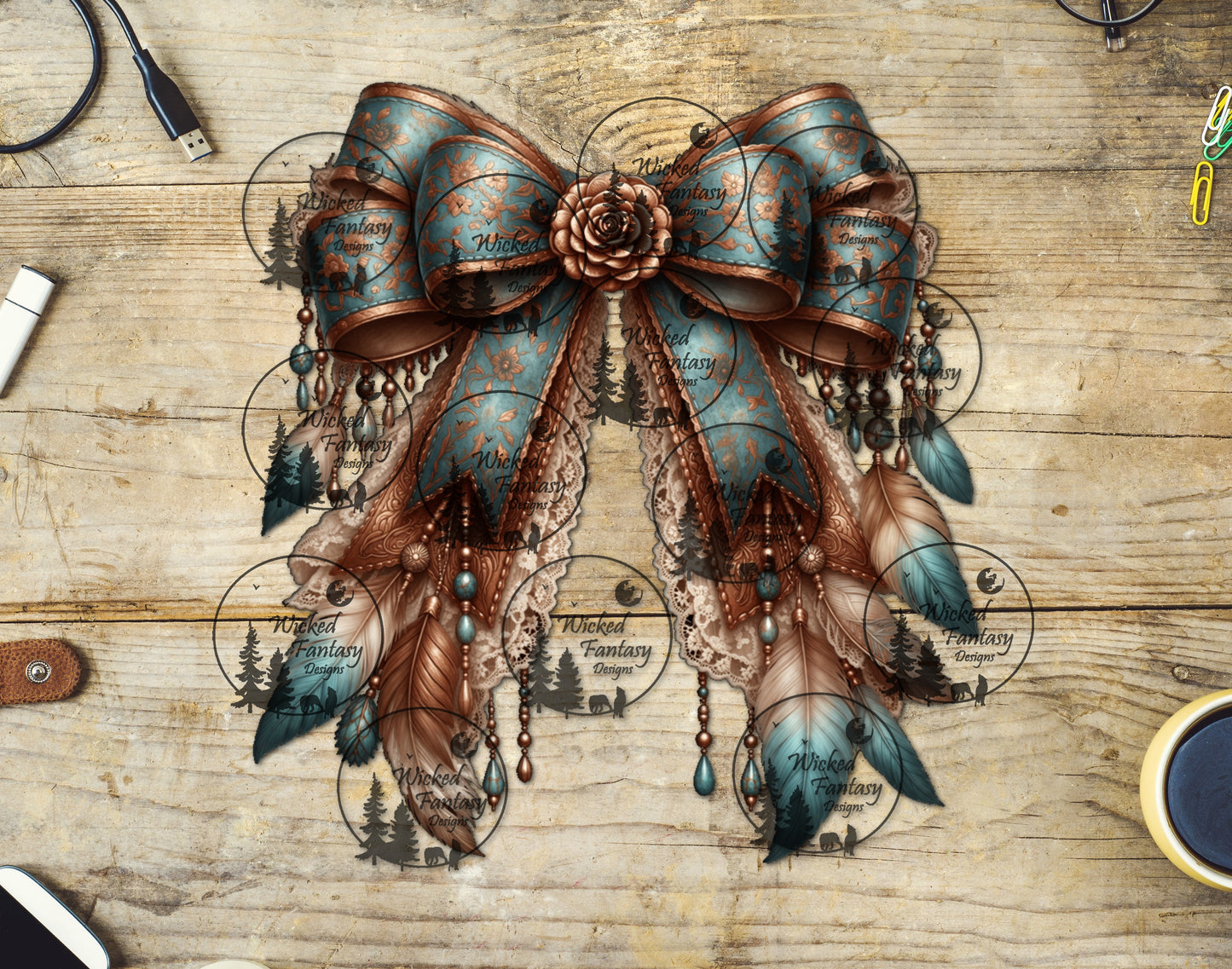 UVDTF Boho Tooled Leather Teal and Rust Bow with Feathers and Beads
