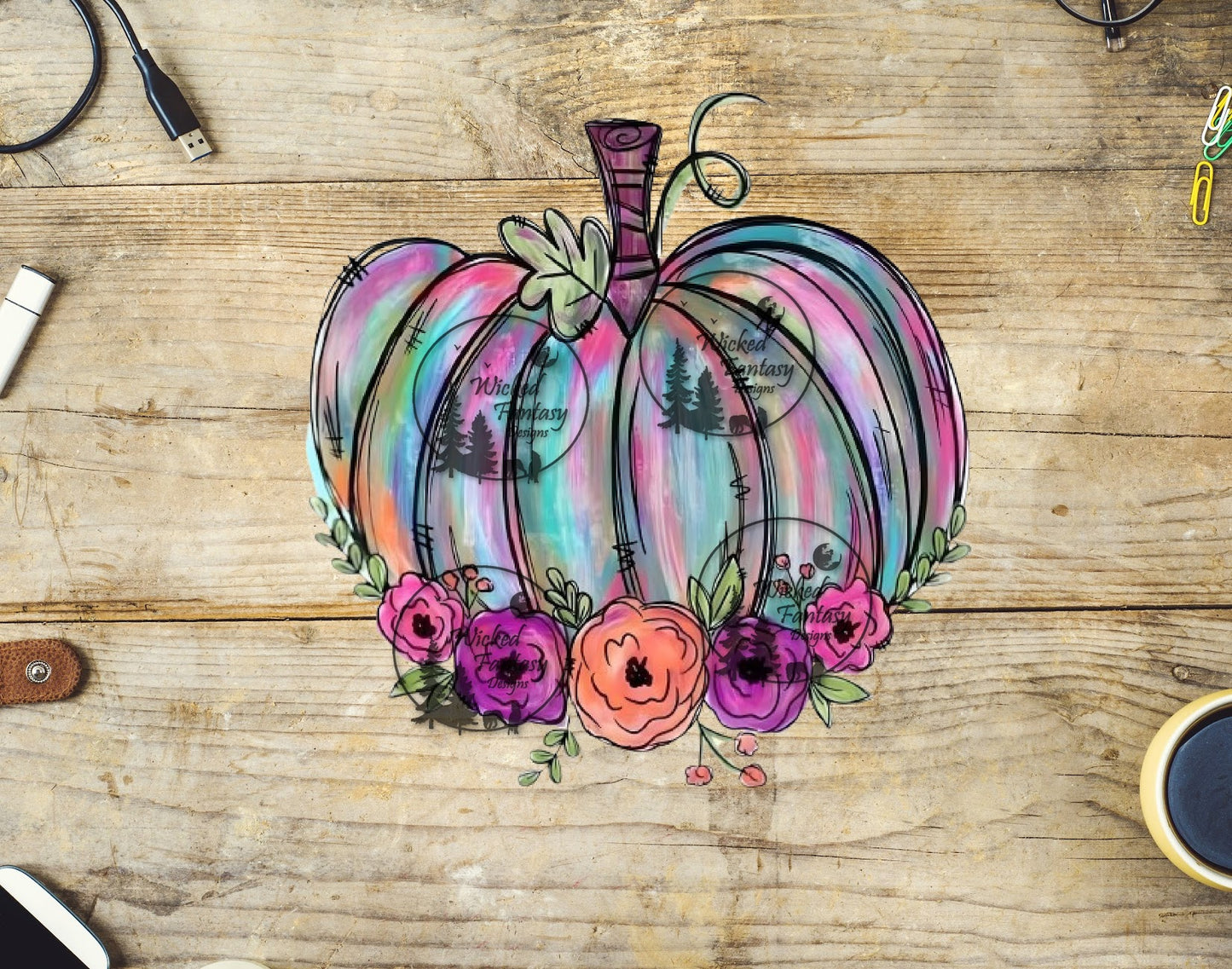 UVDTF Teal and Pink Pumpkin with Flowers