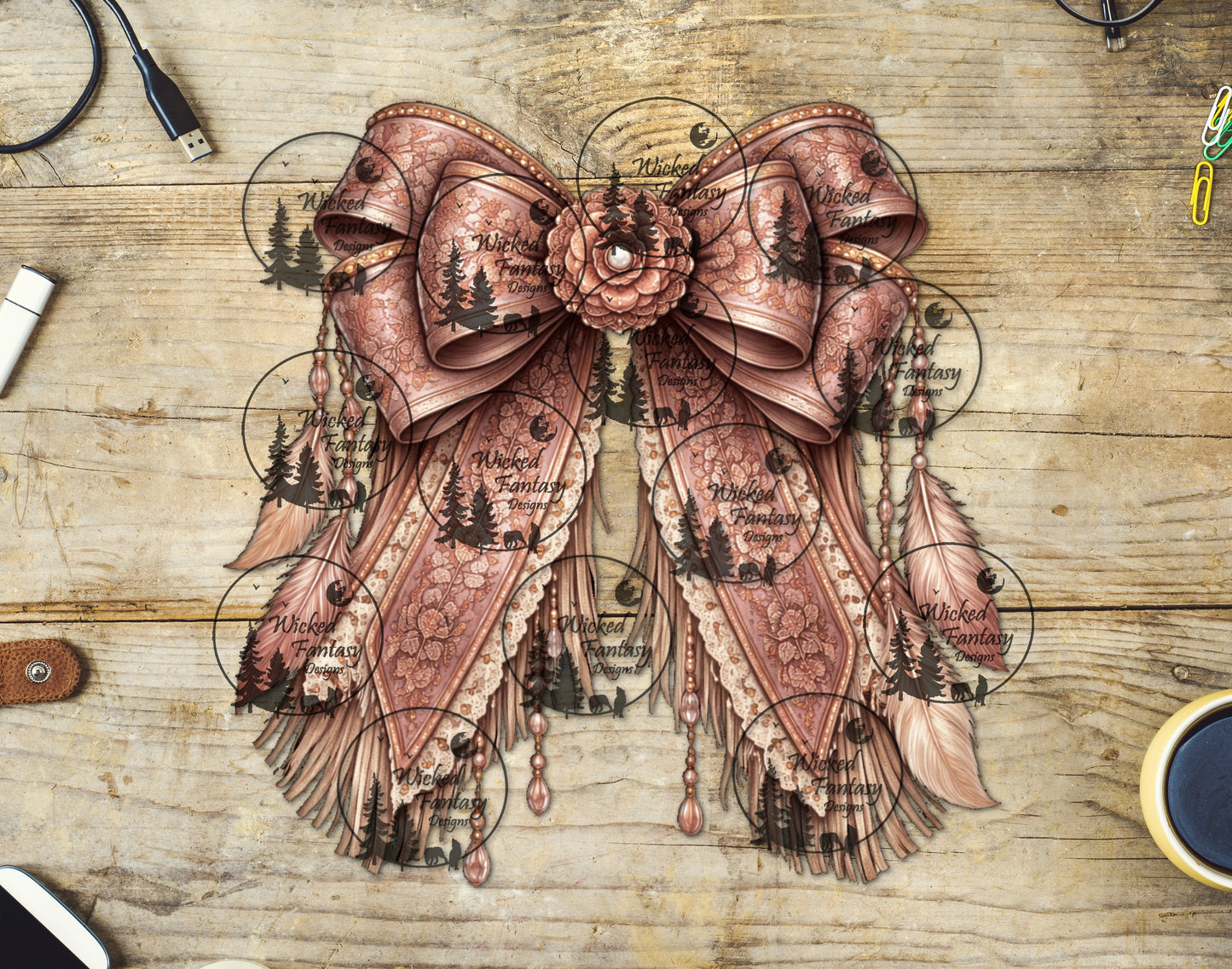 UVDTF Boho Tooled Blush Bow with Feathers