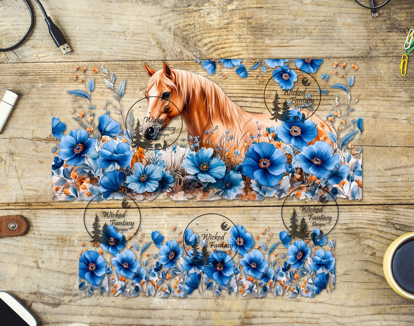 UVDTF Blue Floral with Horse 16oz 40oz Element Multiple Sizes