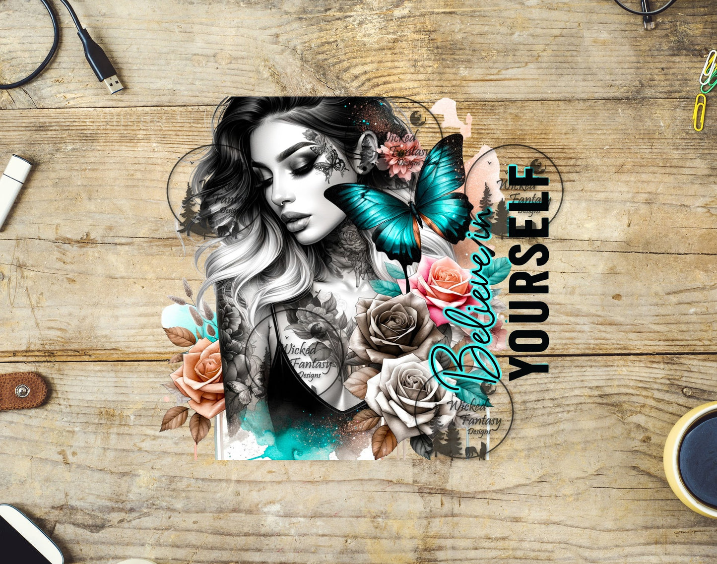 UVDTF Believe in Yourself Woman with Teal Butterfly