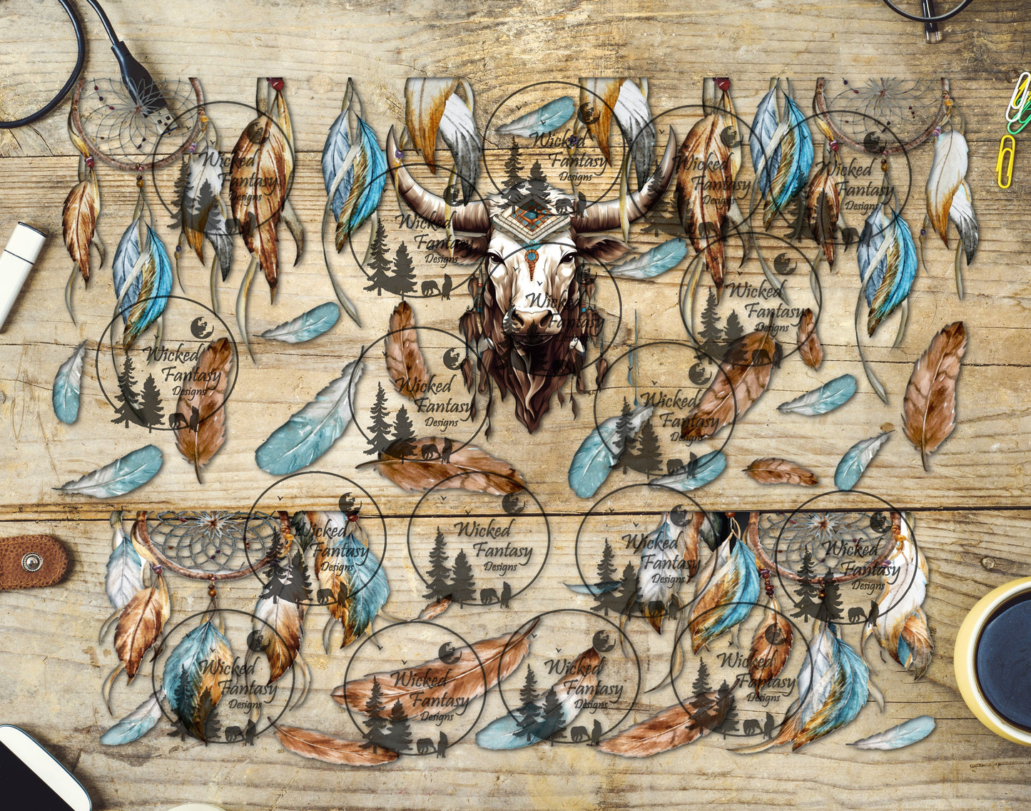 UVDTF Cow with Dream Catchers and Feathers 16oz 40oz Tumbler Wrap Element