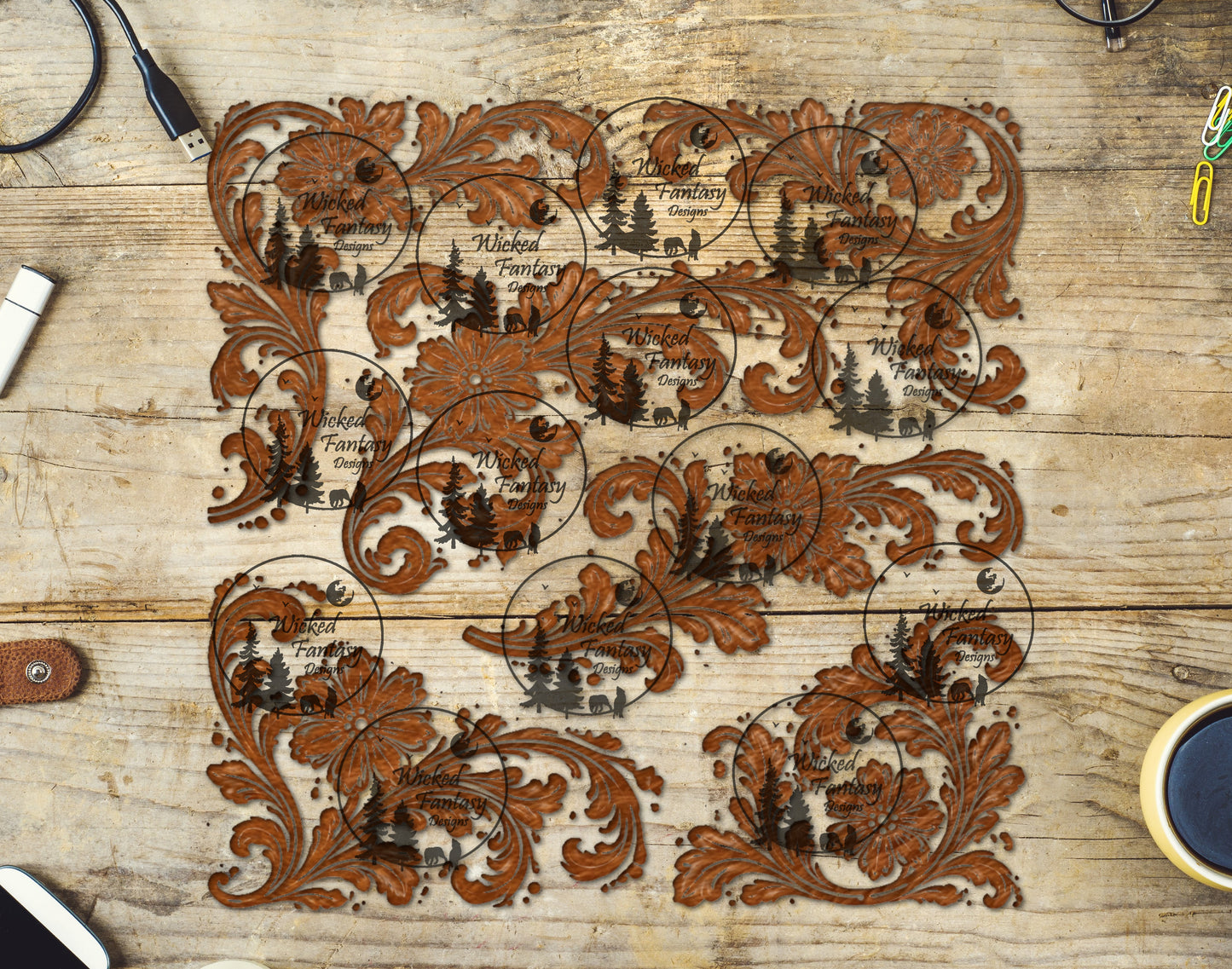 UVDTF Tooled Leather Floral Toss 20oz 30oz 10x10"
