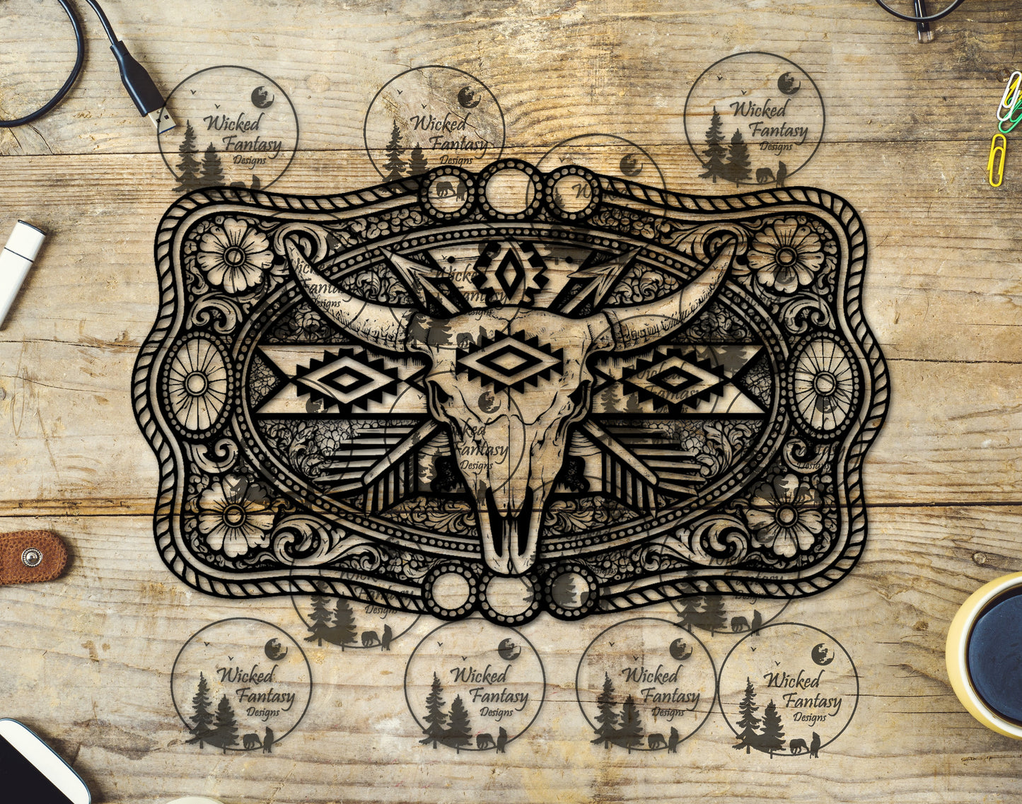 UVDTF Cow Skull Western Belt Buckle Line Art