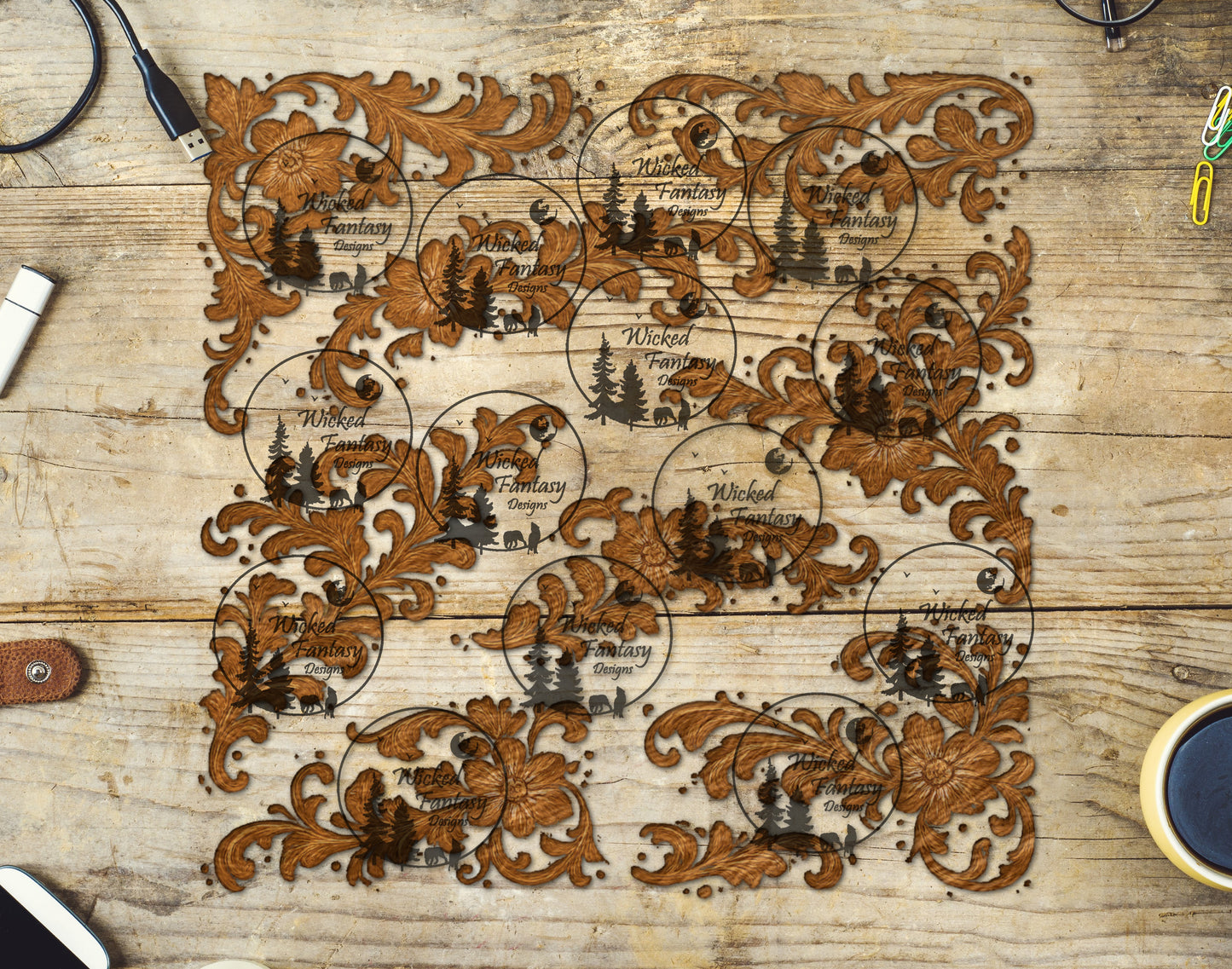 UVDTF Tooled Leather Carved Scroll 20oz 30oz 10x10"
