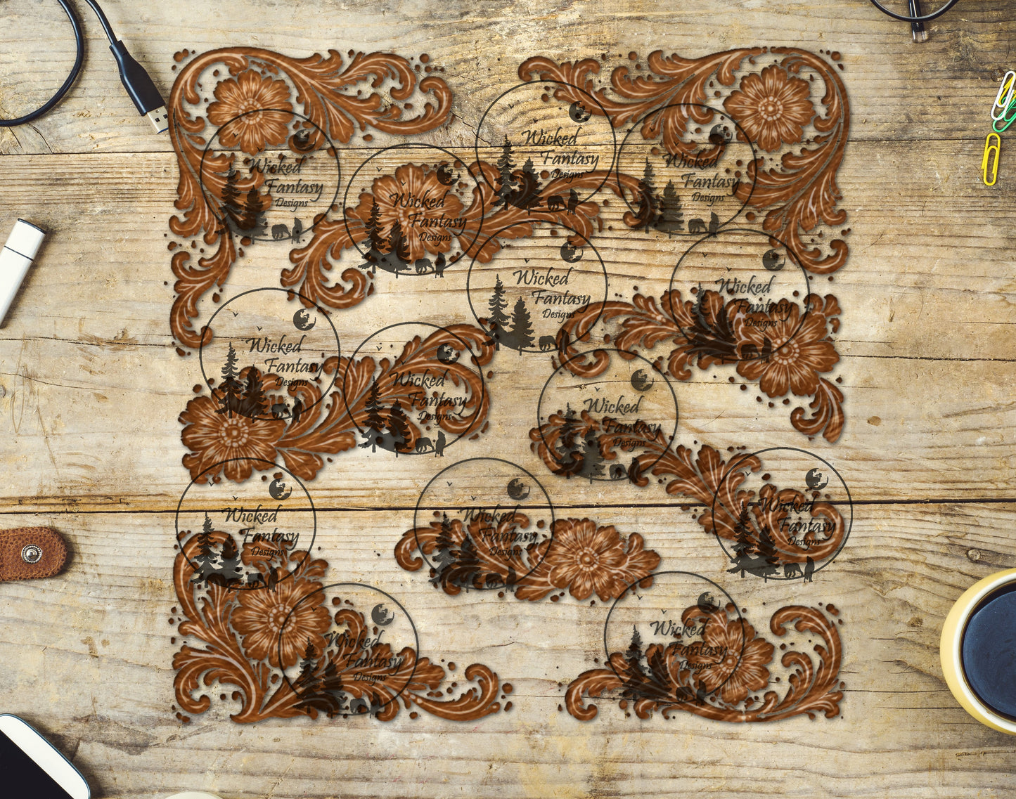 UVDTF Tooled Leather Carved Scrollwork 20oz 30oz 10x10"
