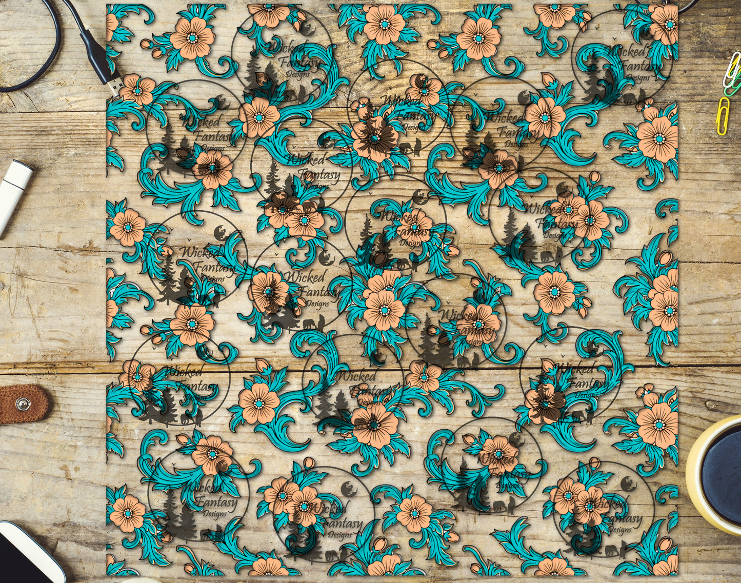 UVDTF Tooled Leather Turquoise Floral 20oz 30oz 10x10"