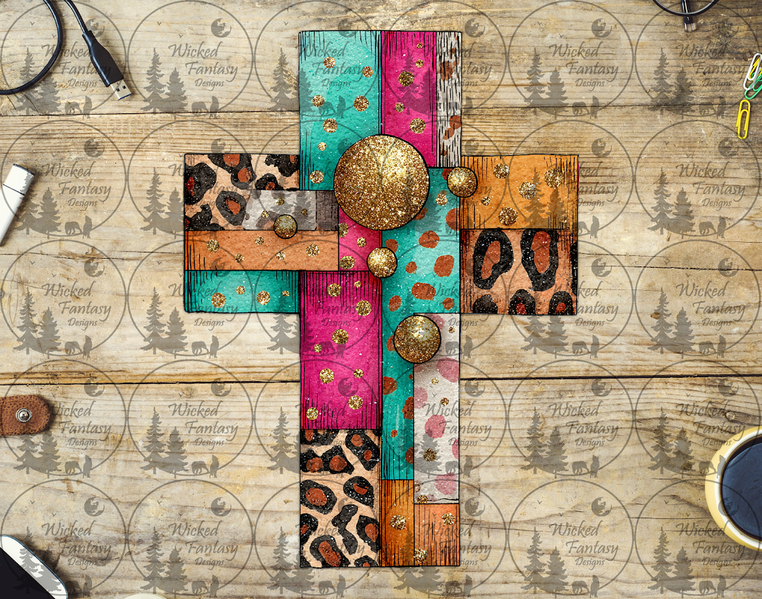 UVDTF Colorful Patchwork Grunge Cross with Leopard Print