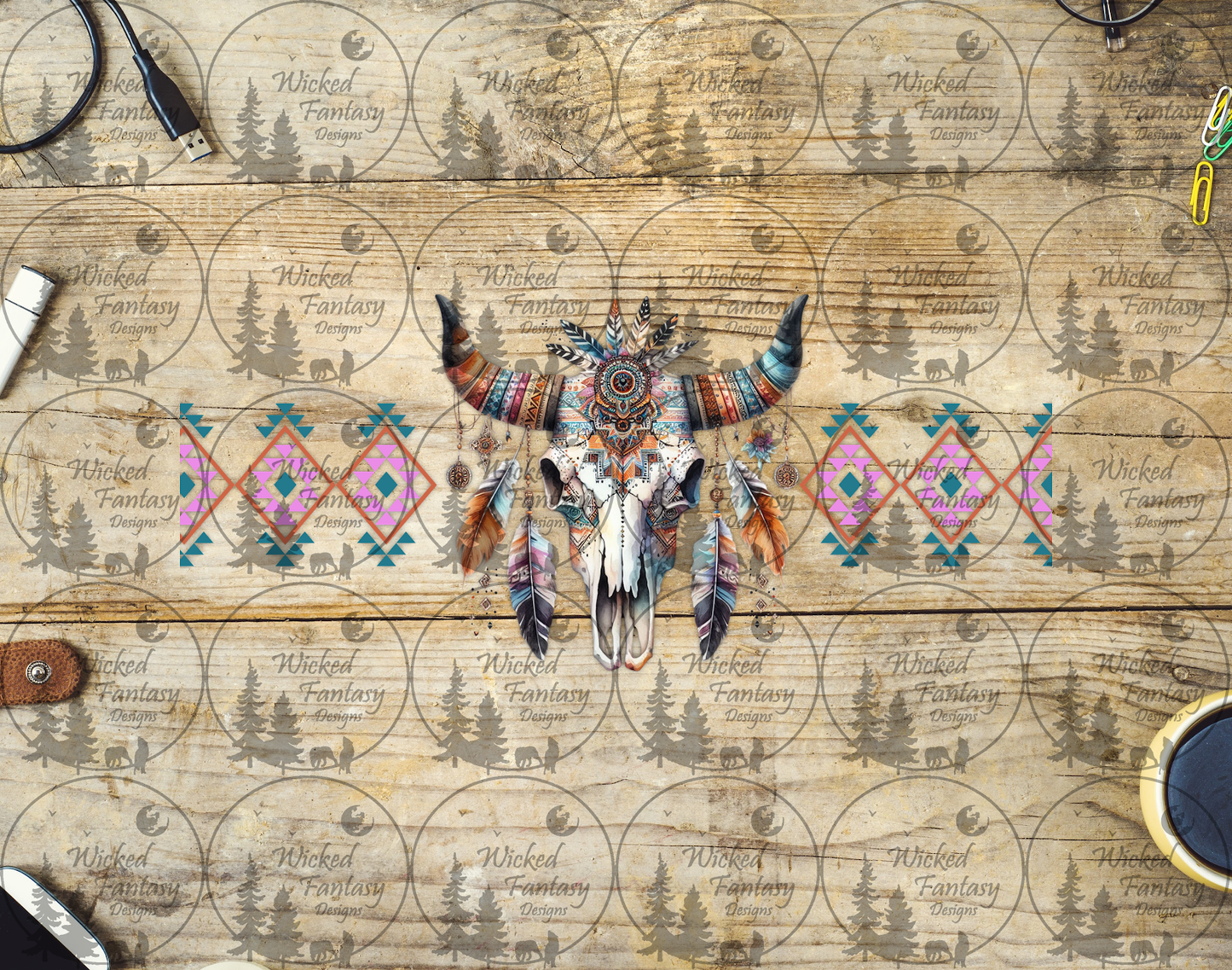 UVDTF Aztec Cow Skull and Feathers Pink Orange Teal 16oz 40oz