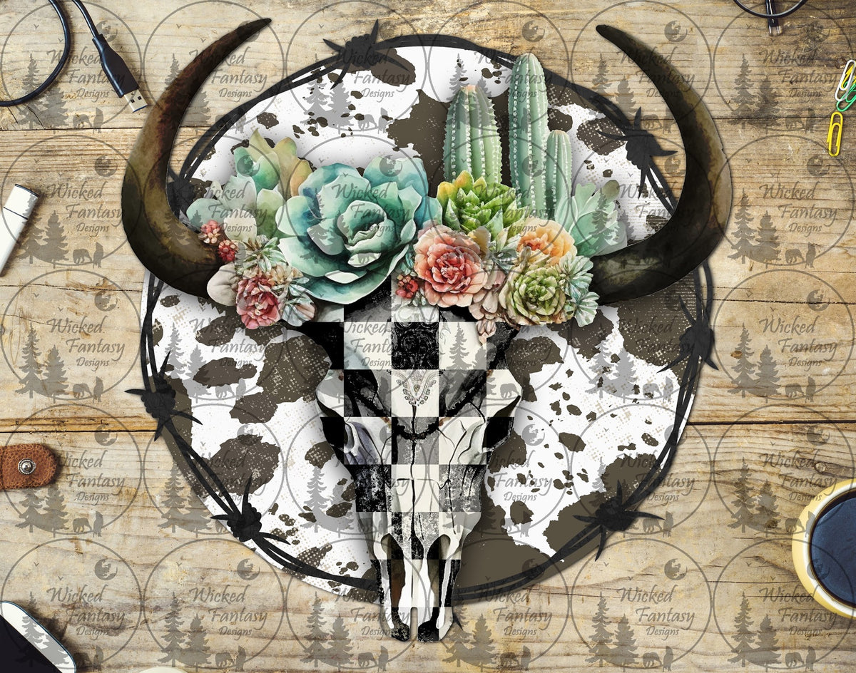 UVDTF Checkered Cow Skull with Succulents