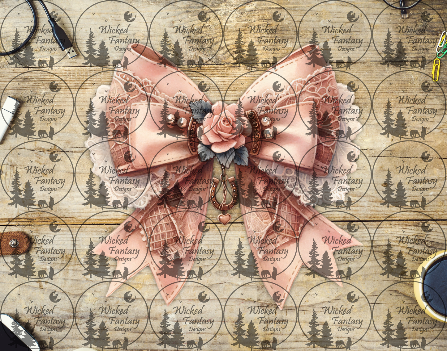 UVDTF Coral Lace Bow with Horseshoe Pendant and Rose
