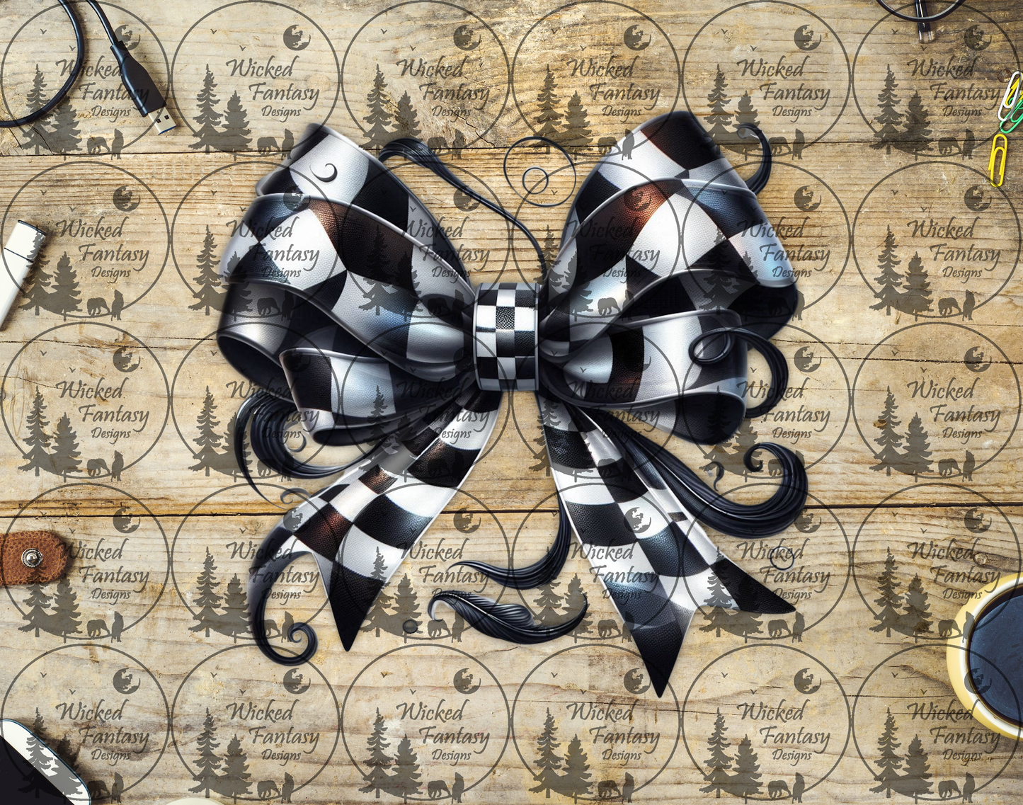 UVDTF Black and White Checkered Bow with Swirls