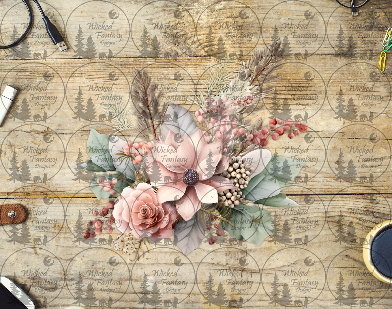 UVDTF Light Dusty Pink and Sage Floral Arrangement