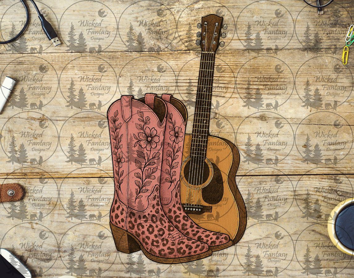 UVDTF Dusty Rose Leopard Print Cowboy Boots and Guitar