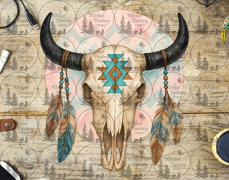 UVDTF Boho Cow Skull with Beaded Feathers