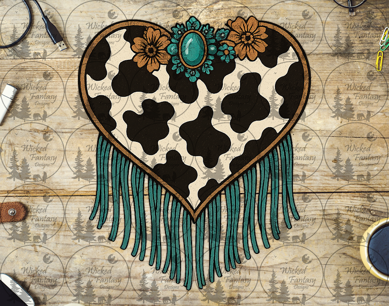 UVDTF Cow Print Heart with Fringe