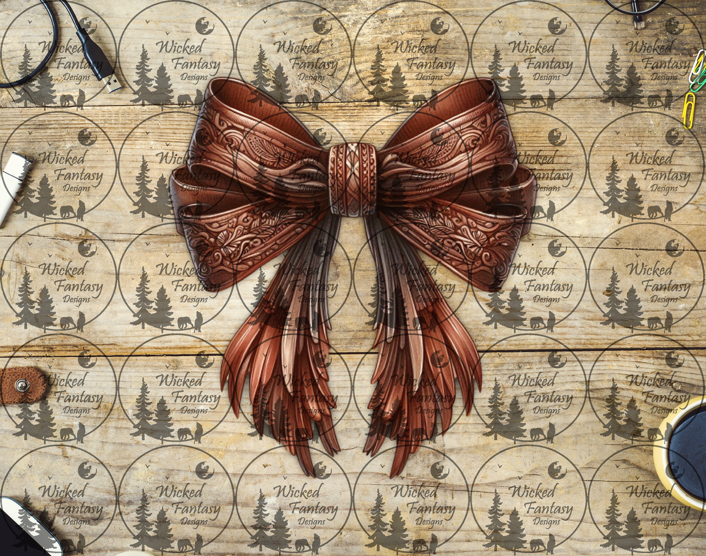 UVDTF Tooled Leather Bow with Scruffy Fringe