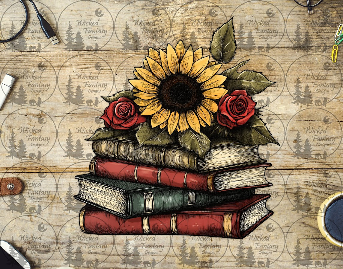 UVDTF Stack of Books with Sunflower and Roses