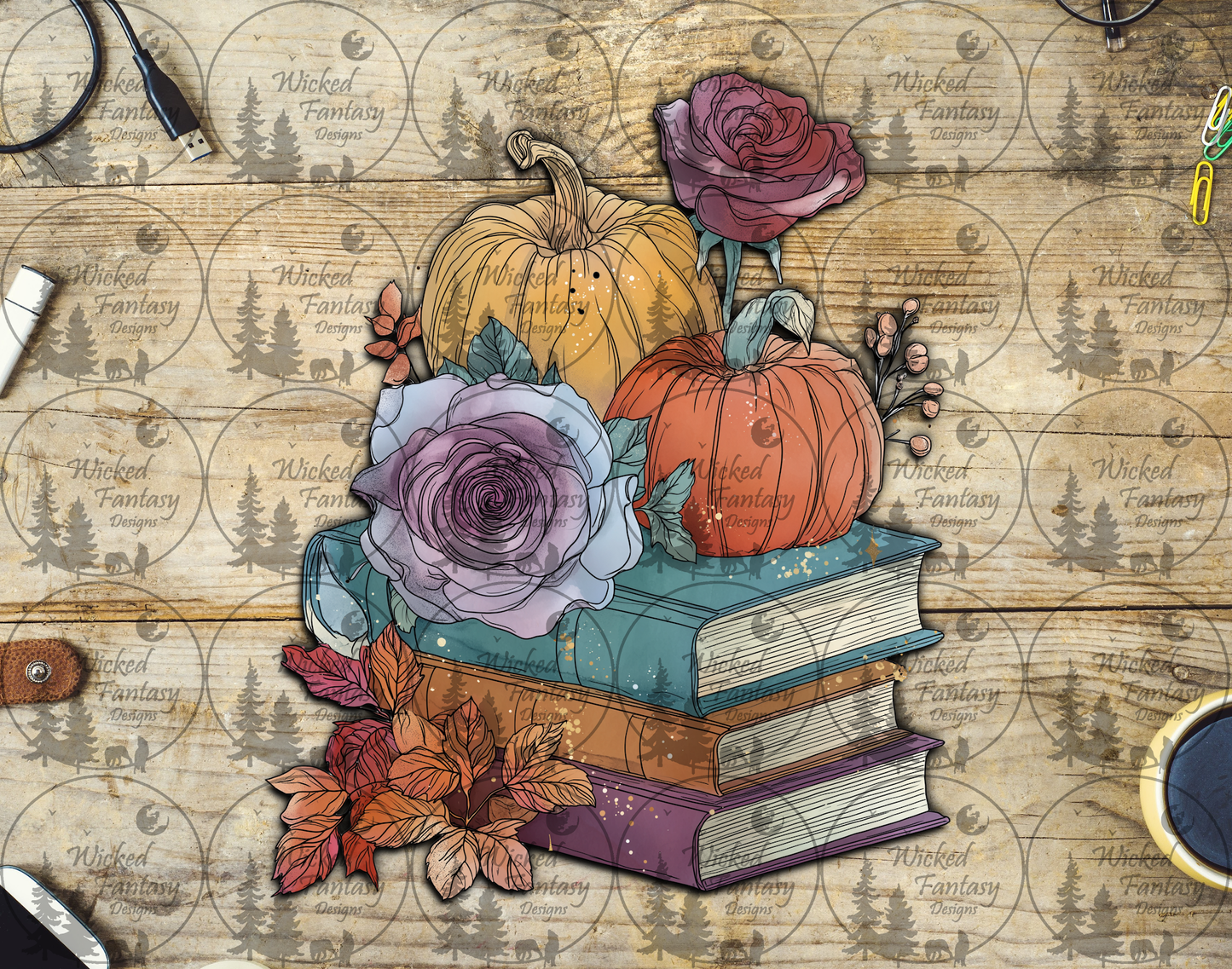 UVDTF Pumpkins and Book Stack with Roses and Leaves