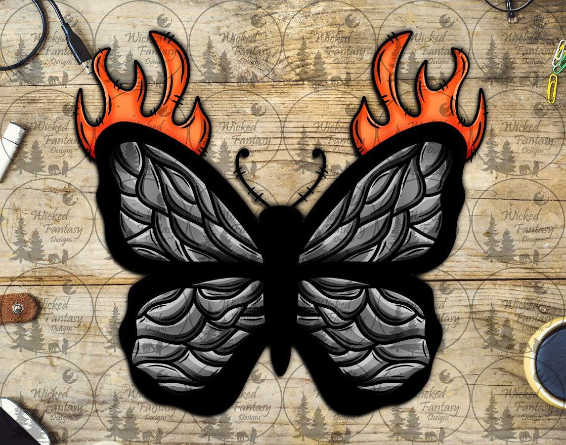 UVDTF Grey Butterfly with Flame