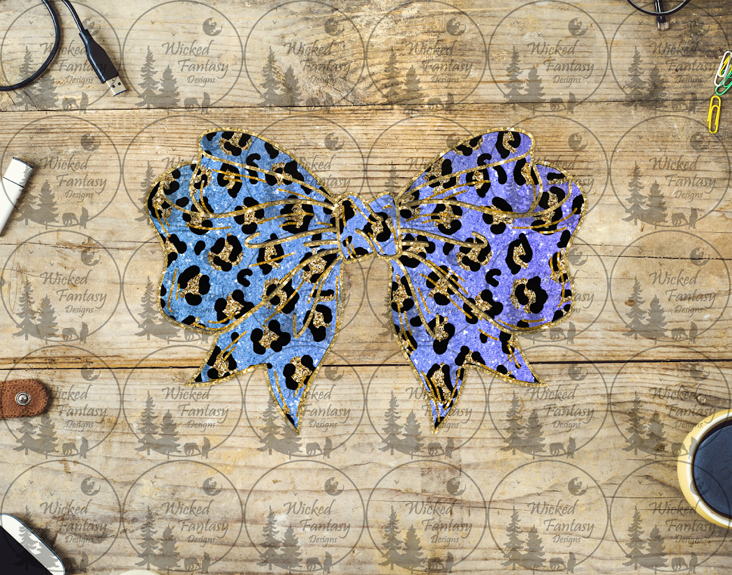 UVDTF Periwinkle Leopard Print Bow with Gold Outline