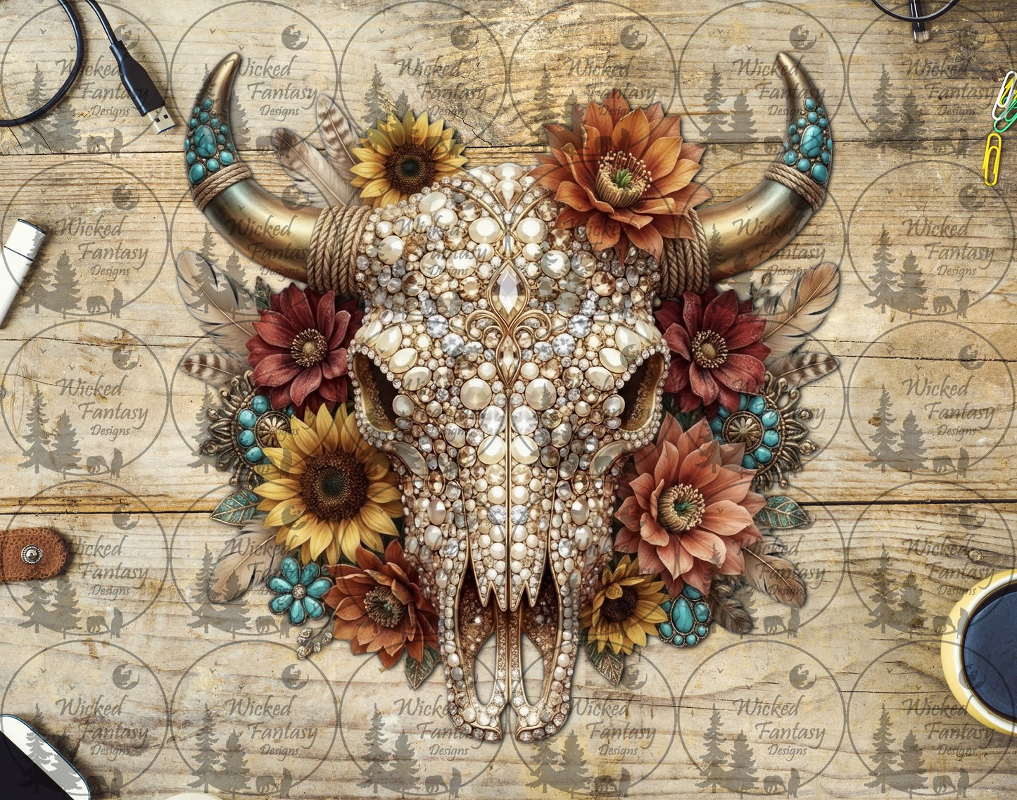 UVDTF Faux Pearl and Rhinestone Cow Skull with Sunflowers