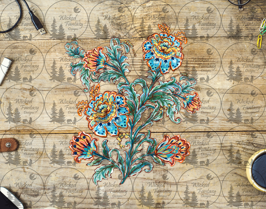 UVDTF Blue Folk Art Flower Arrangement