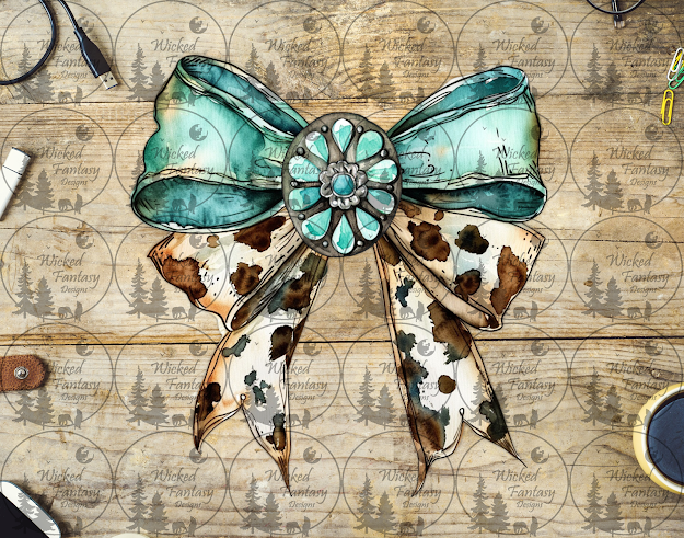UVDTF Turquoise and Cow Print Bow with Concho