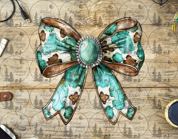 UVDTF Turquoise and Brown Cow Print Bow with Concho