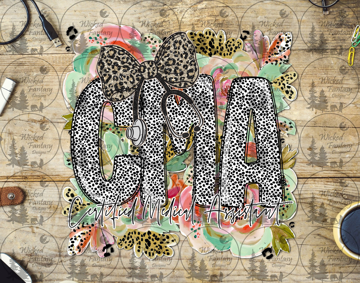 UVDTF CMA Certified Medical Assistant Floral Dalmatian Dots