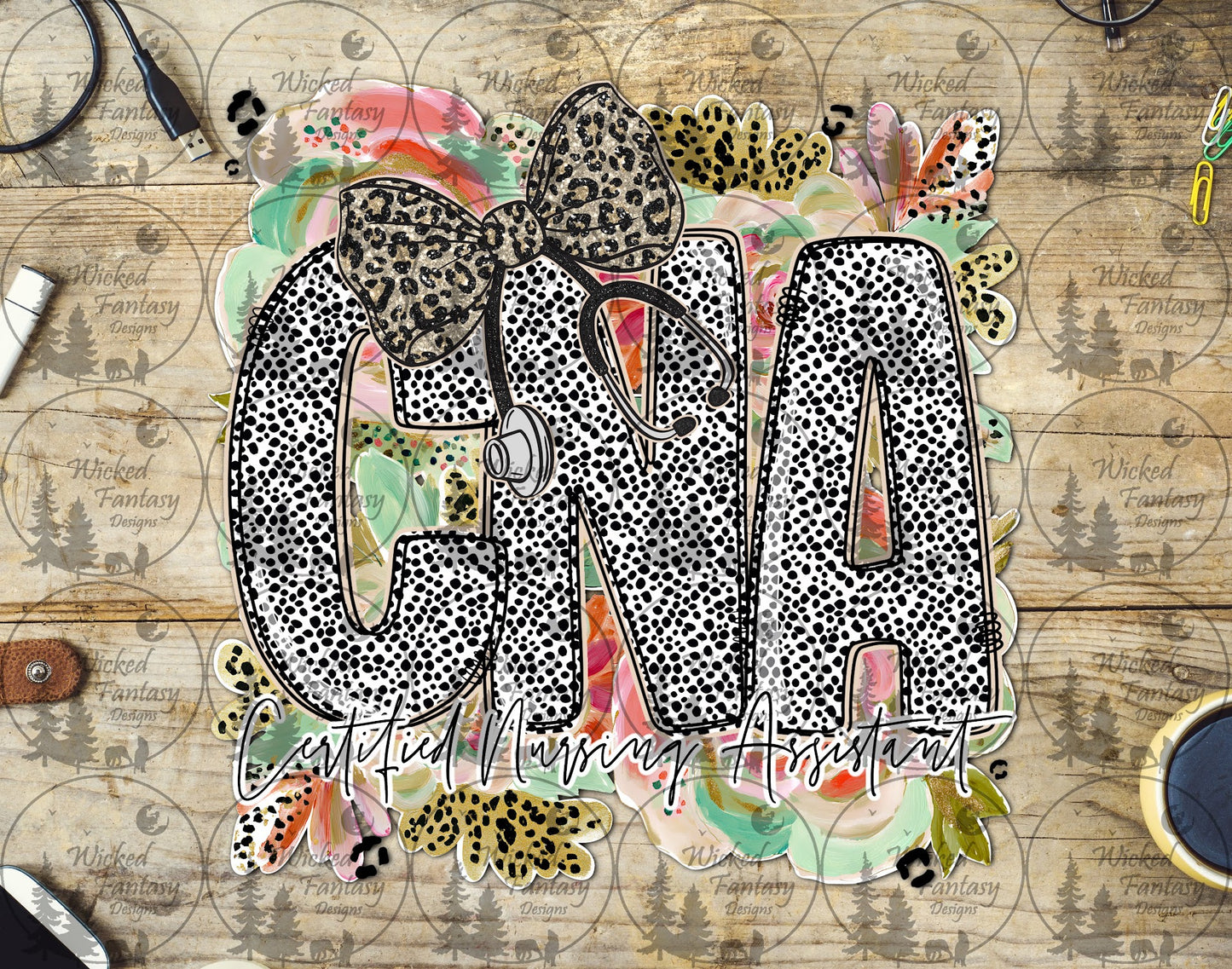 UVDTF CNA Certified Nursing Assistant Floral Dalmatian Dots