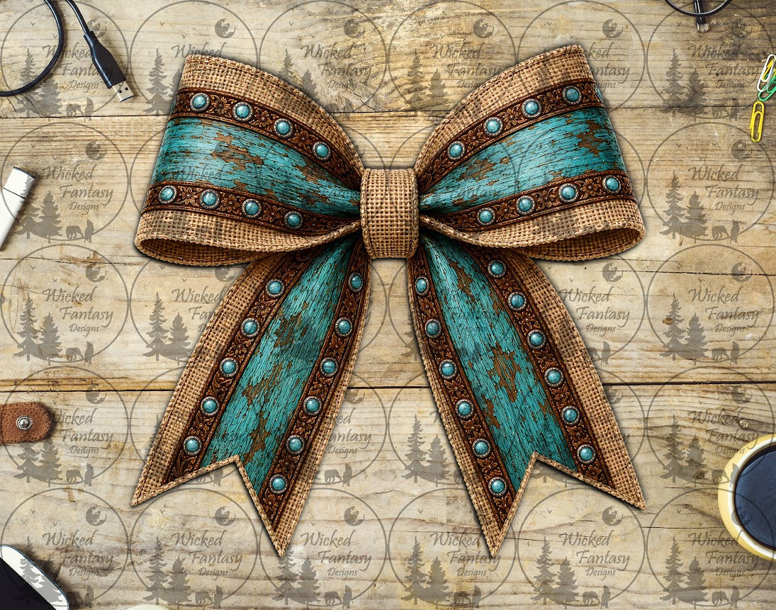 UVDTF Turquoise Leather and Burlap Bow