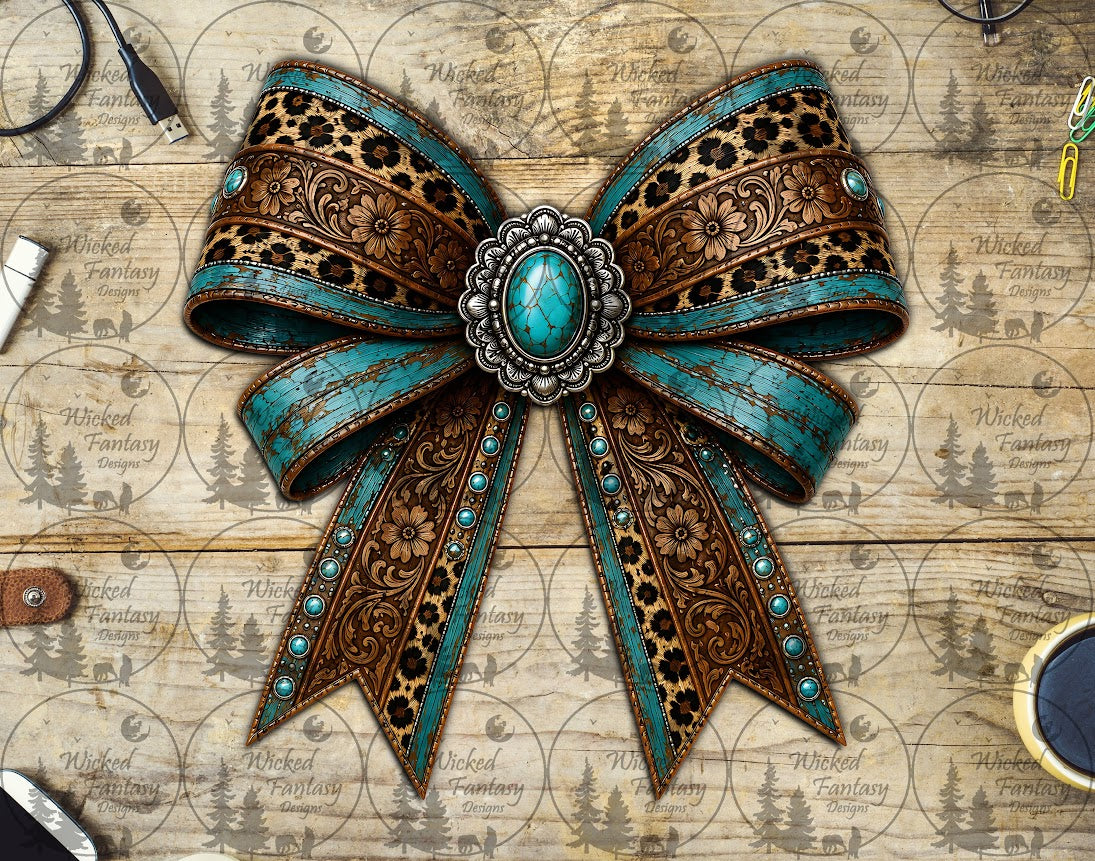 UVDTF Tooled Leather and Leopard Turquoise Bow