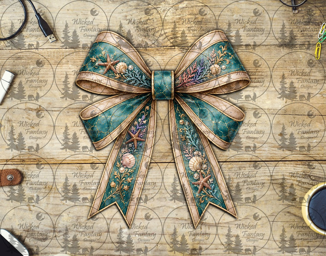 UVDTF Teal and Beige Sea Shells and Coral Bow