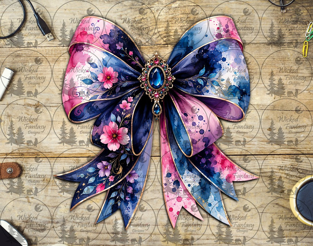 UVDTF Pink and Purple Watercolor Bow with Jeweled Brooch
