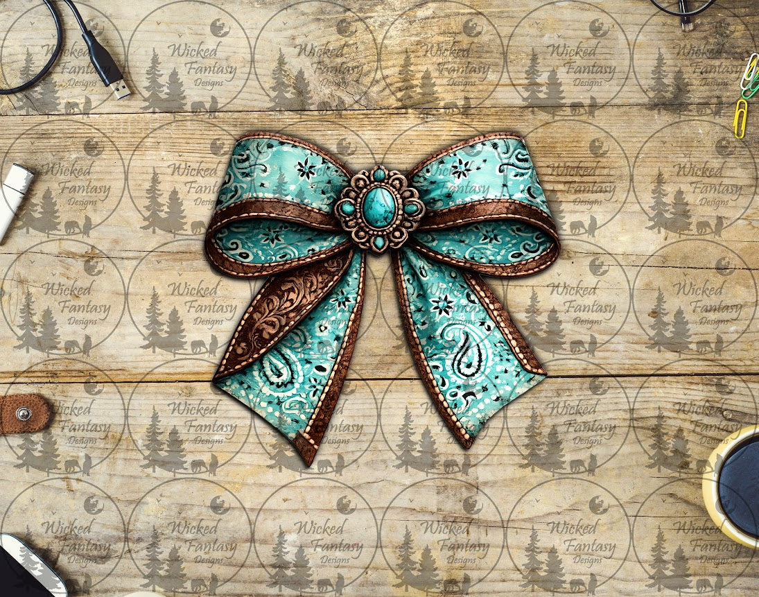 UVDTF Teal Paisley Tooled Leather Concho Bow