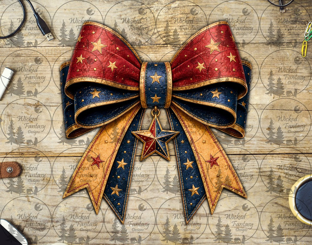 UVDTF Red Blue and Yellow Star Leather Bow
