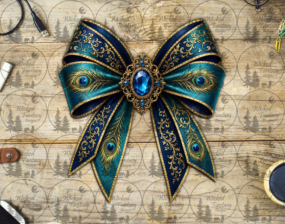 UVDTF Teal Peacock Feather Filagree Bow
