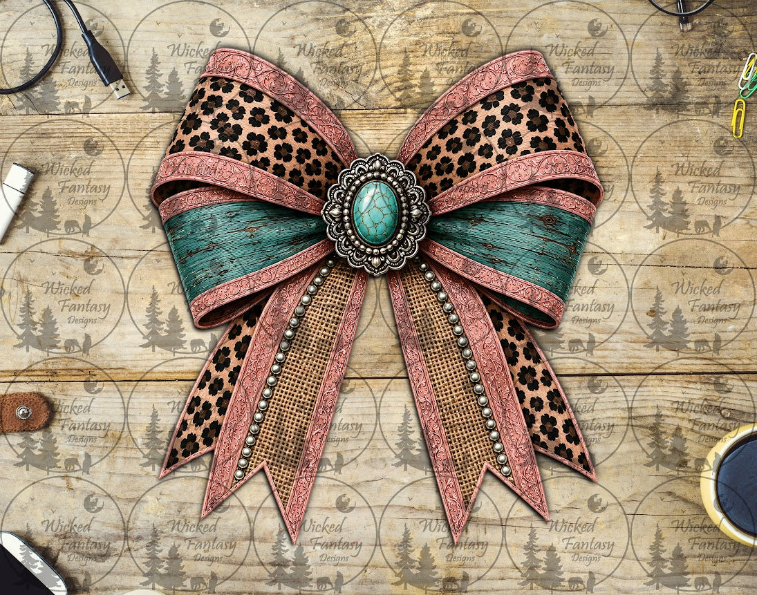 UVDTF Pink and Teal Leopard Print Burlap Leather Bow