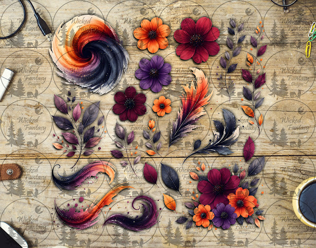 UVDTF Burgundy and Orange Floral 11x11" Element Sheet