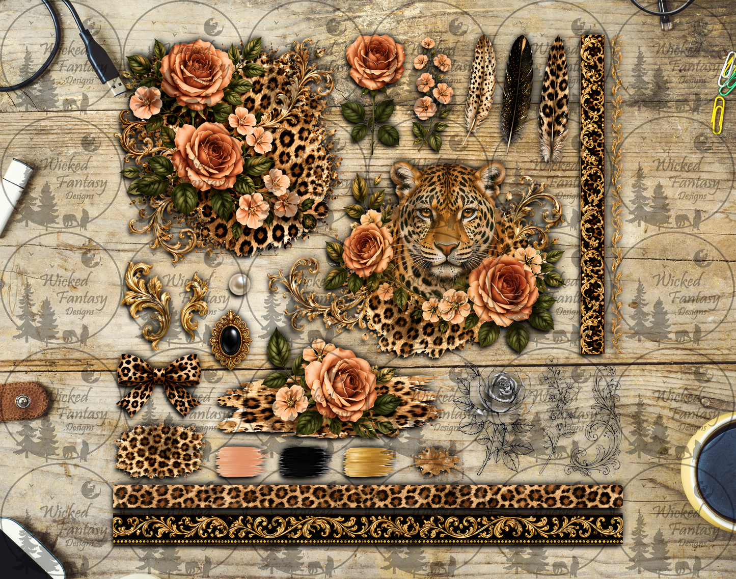 UVDTF Coral Rose Leopard 12x12" Multimedia Element Sheet