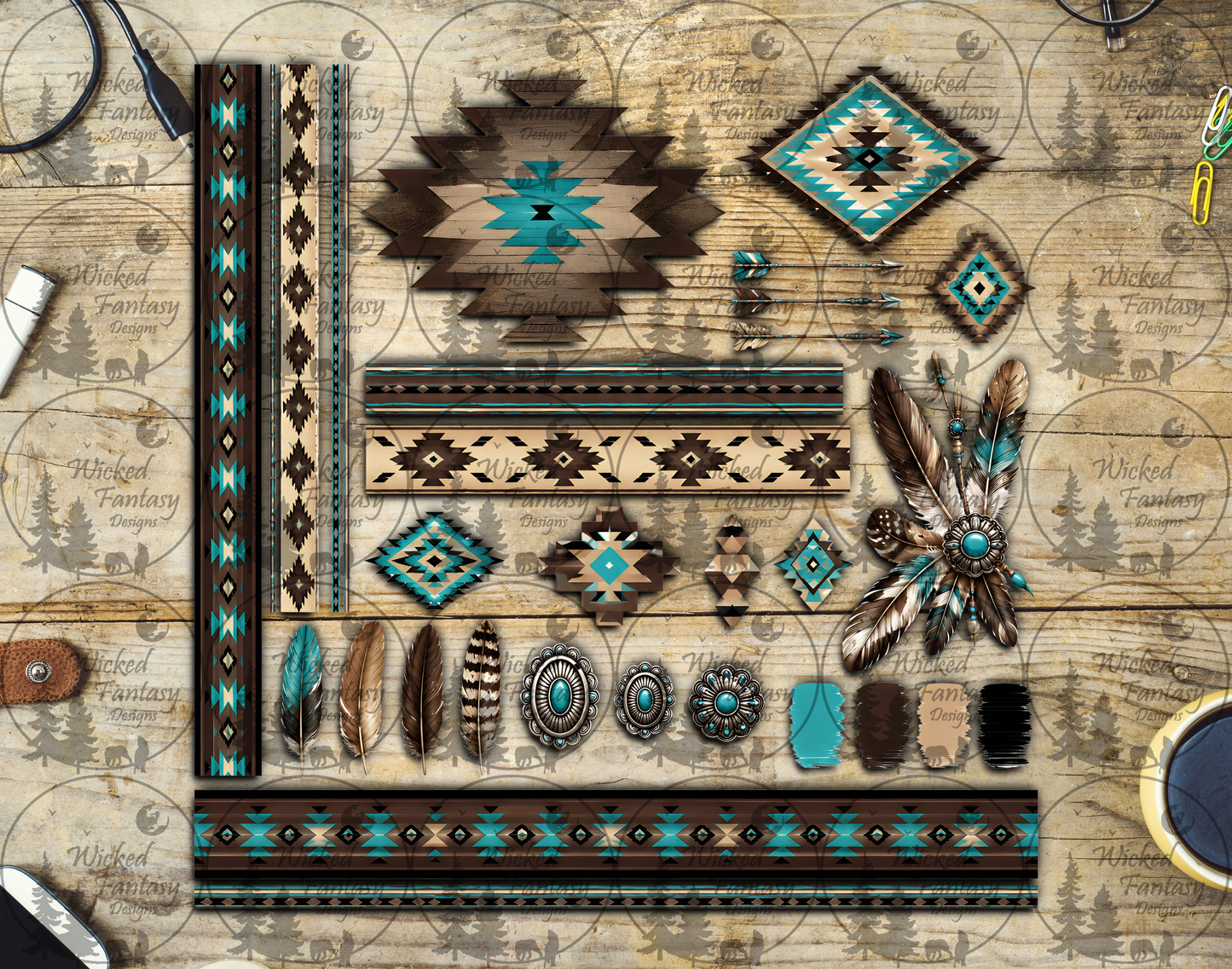 UVDTF Chocolate and Teal Aztec Star 12x12" Multimedia Element Sheet