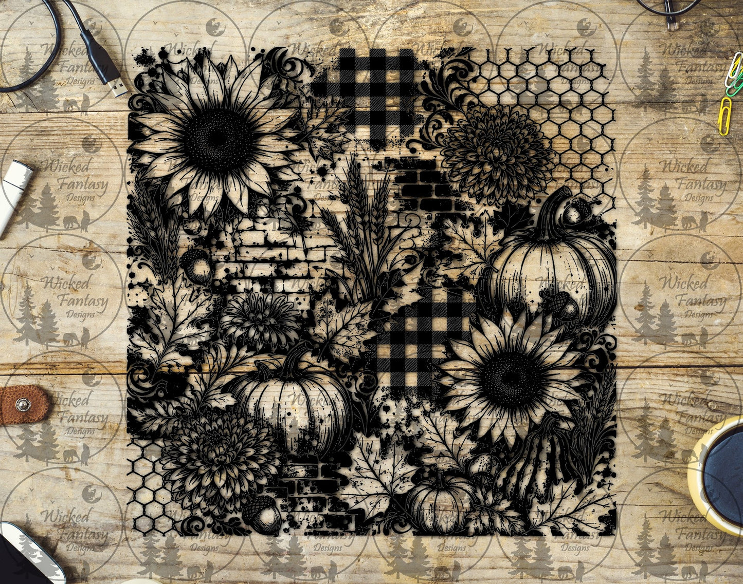 UVDTF Pumpkins and Sunflowers Grunge Patchwork 20oz 30oz 10"x10"