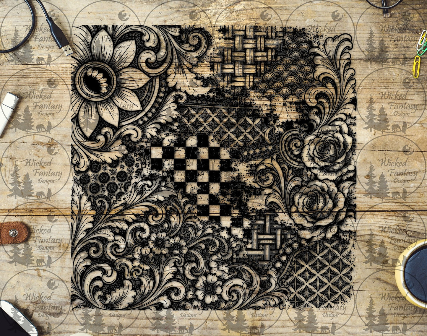 UVDTF Western Tooled Floral Grunge Patchwork 20oz 30oz 10"x10"