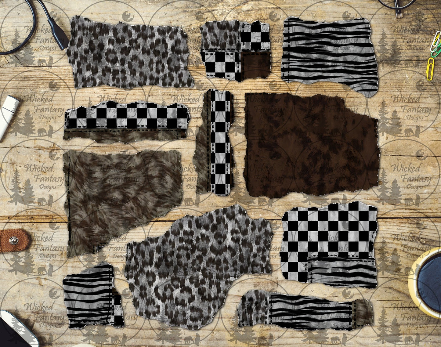 UVDTF Checkered Leopard Zebra Stripes Ripped Pages Element Sheet