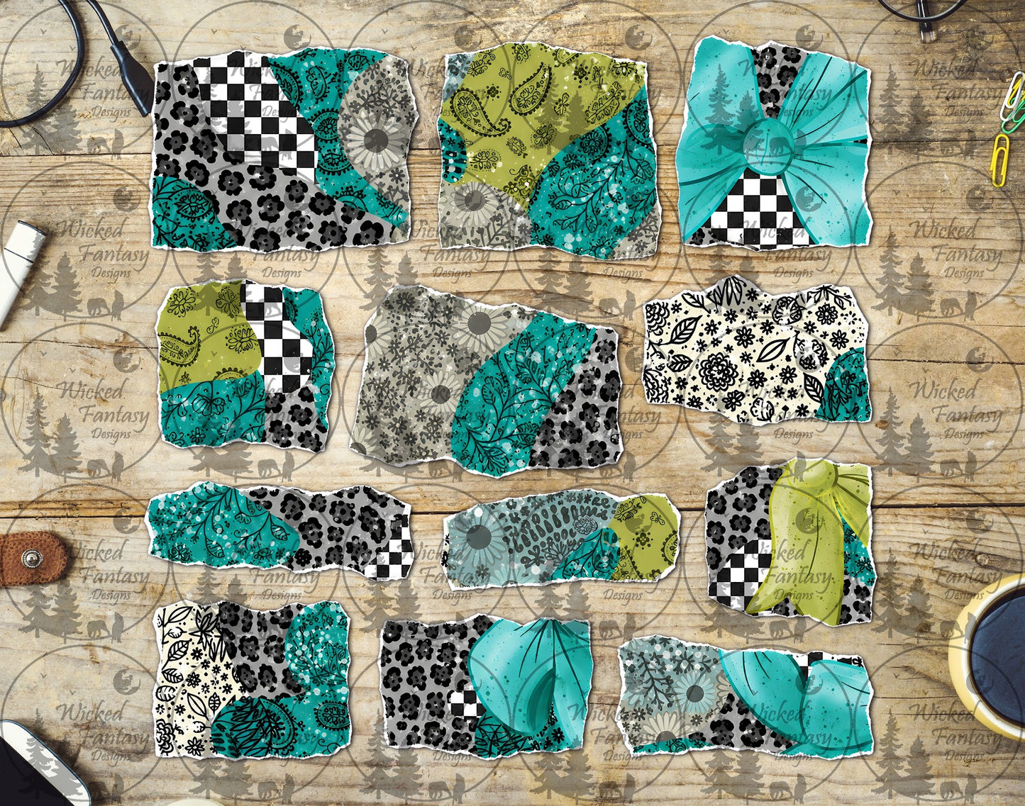 UVDTF Checkered Paisley Leopard Floral Ripped Pages Element Sheet